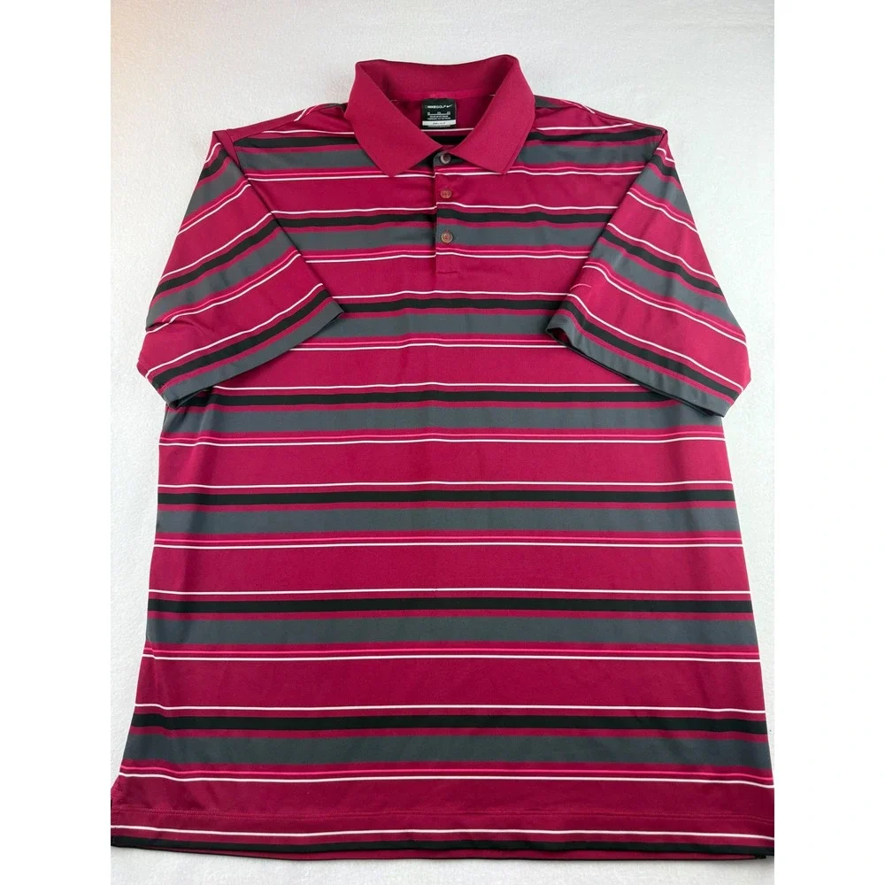 Nike Golf‎ Dri-FIT Polo Shirt Mens XL Striped Red Gray Performance Athletic